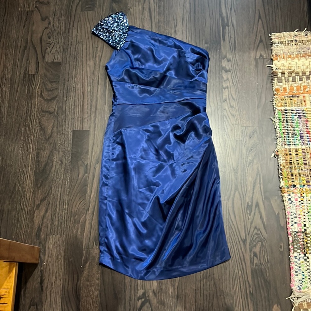 One Shoulder Blue Knee Length Dress w/ Rhinestones, Size Small